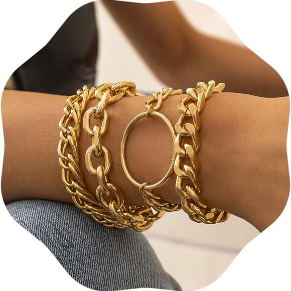 Gold Chunky Chain Bracelet for Women Charm Boho Bracelet for Women Flat Cable Ch - Picture 1 of 7